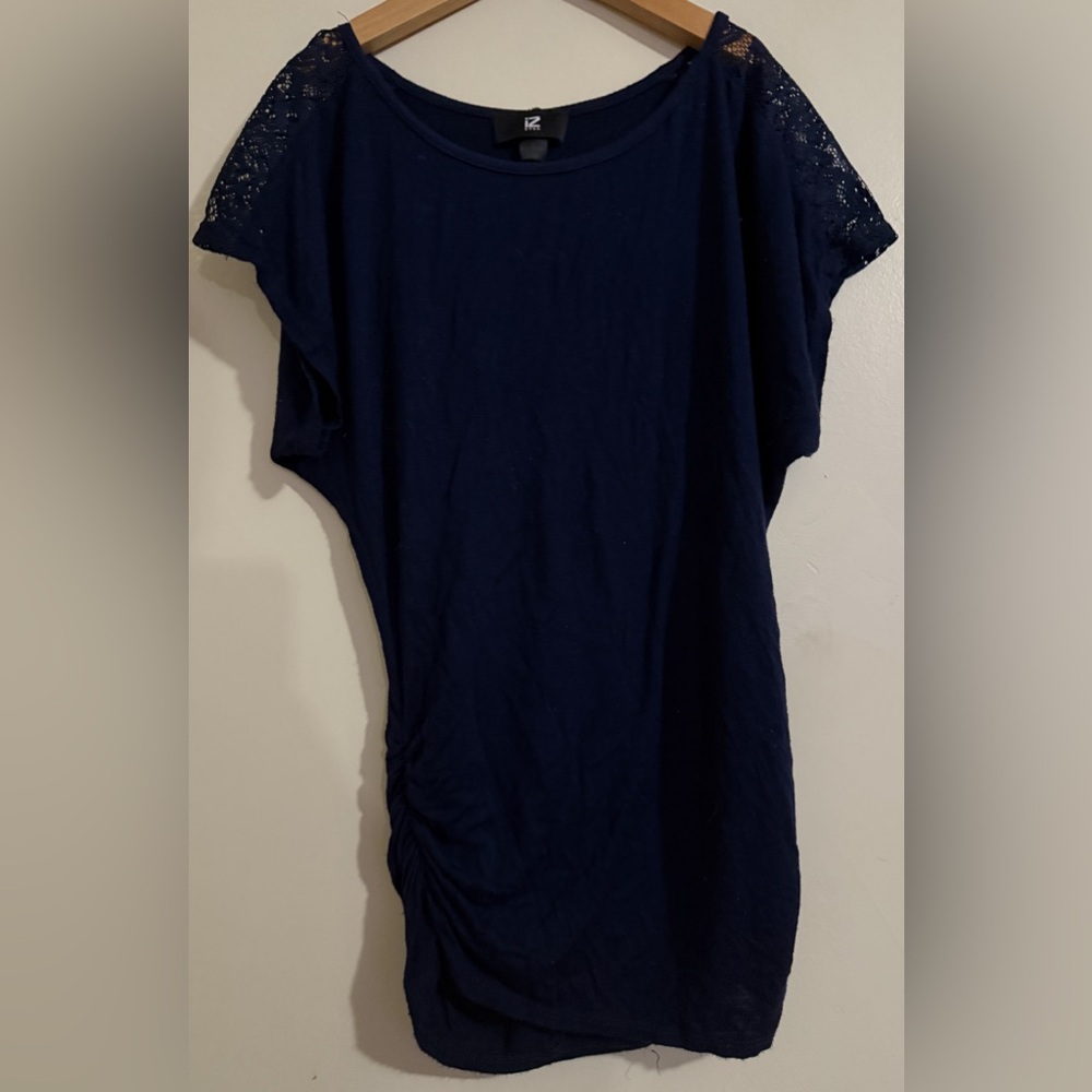 Iz Byer Dark Blue Blouse with Lace Accents